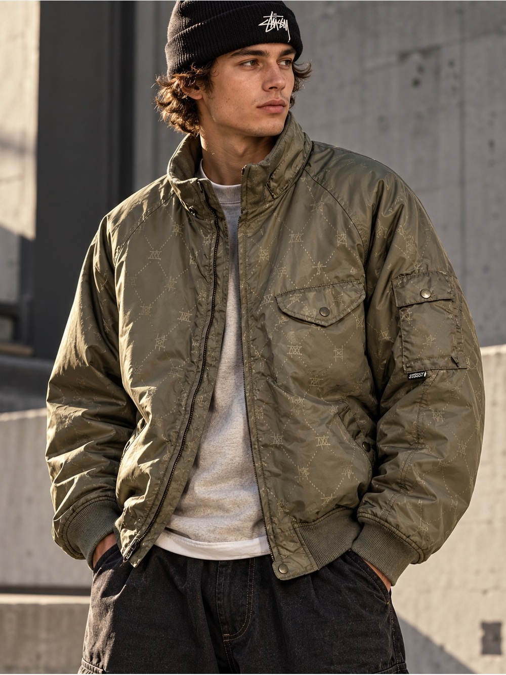 Vintage Stüssy Authentic Gear Monogram Nylon Bomber Jacket Olive XL